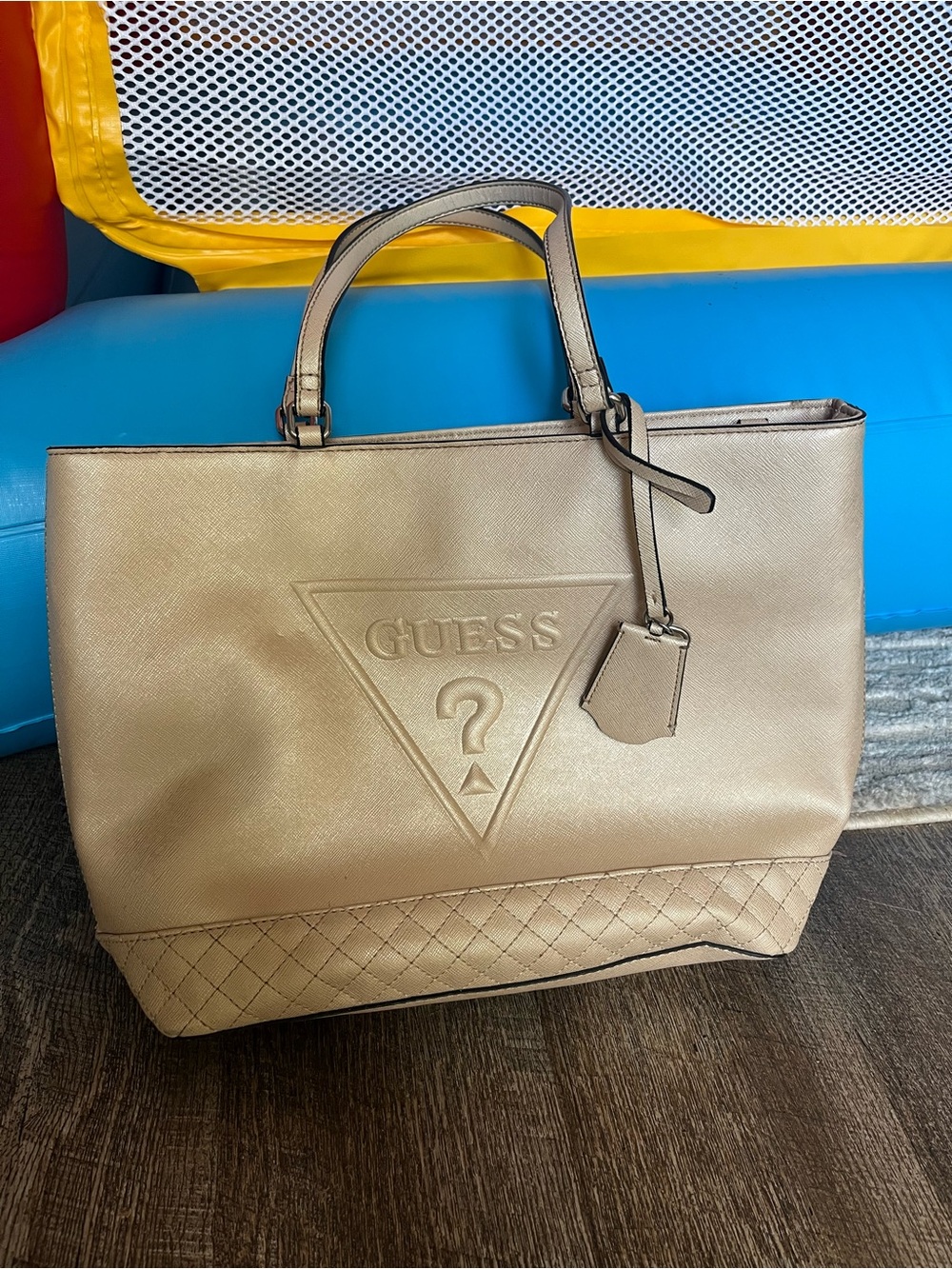 GUESS Gold Metallic Tote with Quilted Trim